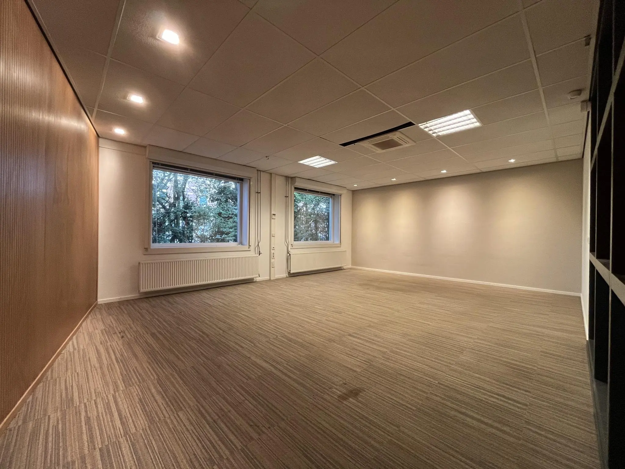 Leeg kantoorpand aan de 2e Daalsedijk met tapijtvloer, systeemplafond en twee grote ramen met uitzicht op groen.